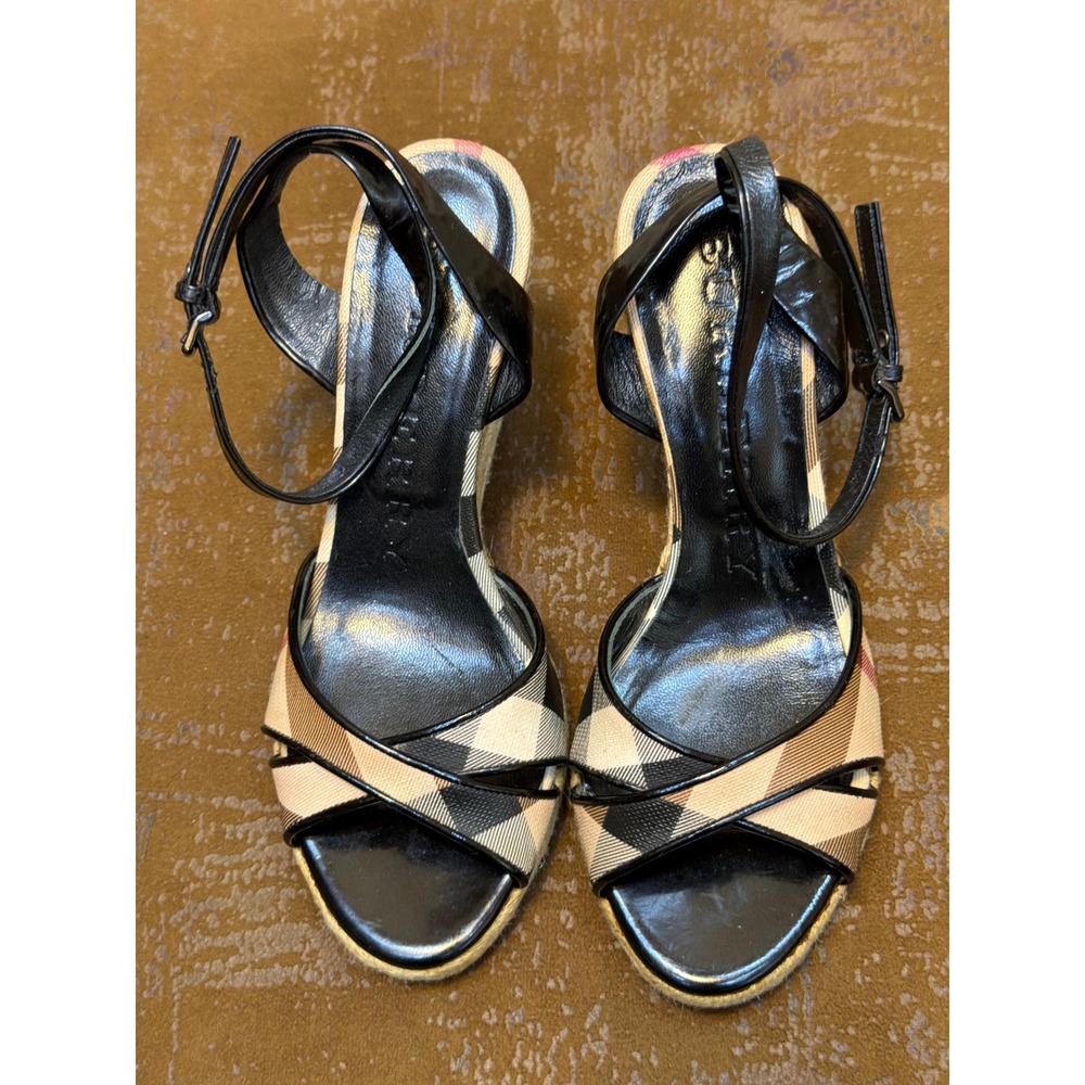 Burberry House Check Espadrille Wedge Sandals Black Patent Leather 36 Italy